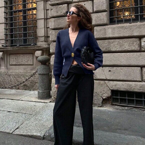 Blue Casual Women's Elegant Minimalist vneck button detailed sweater Cardigan - Picture 4 of 7